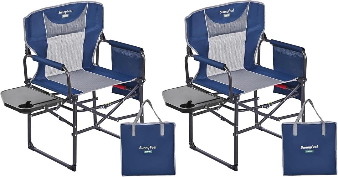 SUNNYFEEL Camping Directors Chair, Heavy Duty,Oversized Portable Folding Chair with Side Table, Pocket for Beach, Fishing,Trip,Picnic,Lawn,Concert Outdoor Foldable Camp Chairs (Navy Blue-2set)