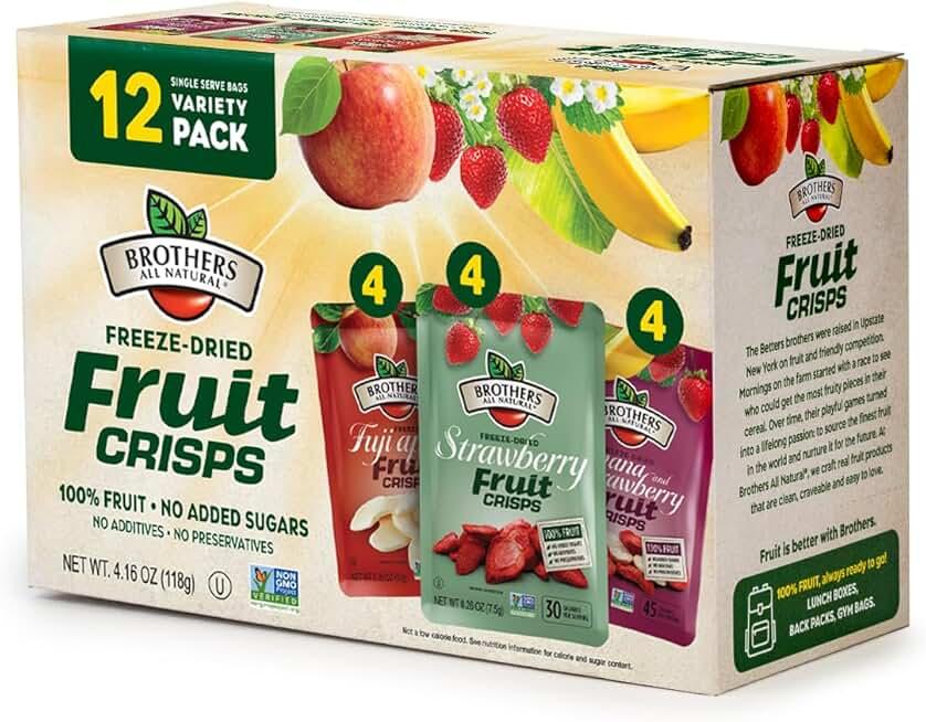 Brothers All Natural Freeze Dried Fruit Crisps, Variety Pack, 12 Single Serve Bags, Fuji Apple, Strawberry, Banana Strawberry, Made with 100% Fruit, Gluten Free, Soy Free, Vegan, Healthy Snack, Best By 12/01/2027, Pack Of 2