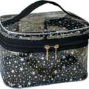 Star Print Black PVC Makeup Bag with Handle - 8.66 * 5.51 * 5.51 inch,Clear Storage Bag Toiletry Pocket Portable Zippered Pouch Waterproof Cosmetic Organizer Bags for Women(Black-L)