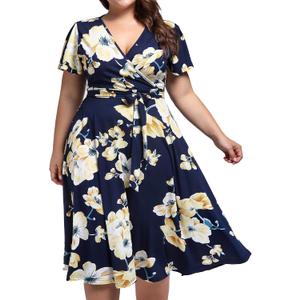 kissmay Women Dress Plus Size, V Neck Wrap Dresses for Women Plus Sized Dress Evening Autumn Dress for Women Summer Spring Dresses for Women 2025 Navy Blue White Yellow Size 16W
