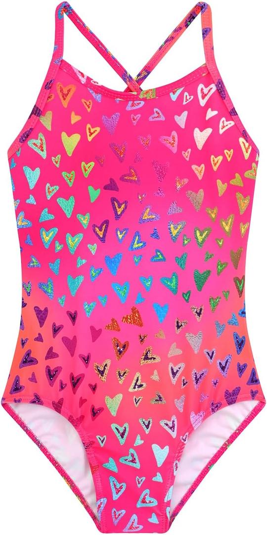 Girls One Piece Swimsuits Summer UPF 50+ Quick Dry Beach Bathing Suit Cross Shoulder Strap Swimwear (7-8 Years, Red Heart)