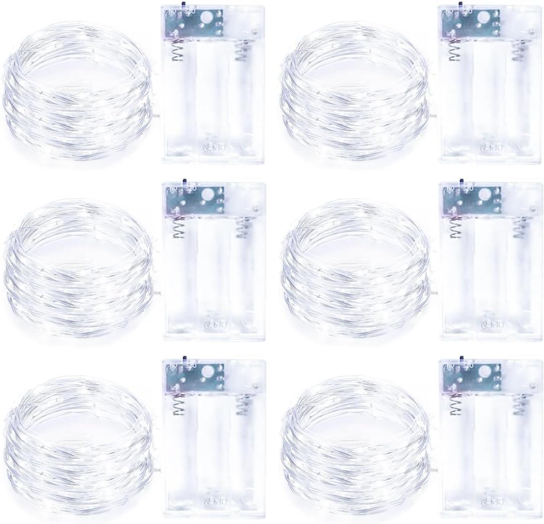 6 Pack Fairy Lights Battery Operated with Timer Silver Wire Mini 13FT 40LED Waterproof Cuttable Twinkle Christmas String Lights for Home Bedroom Wedding DIY Centerpiece Birthday (White)