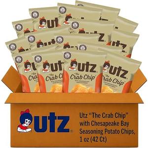 Utz The Crab Chip, Chesapeake Bay Crab Seasoning, 1 oz Bags (42 Count)
Crispy potato chips seasoned Eastern Shore-style; gluten-free, individually wrapped for vending, Kosher