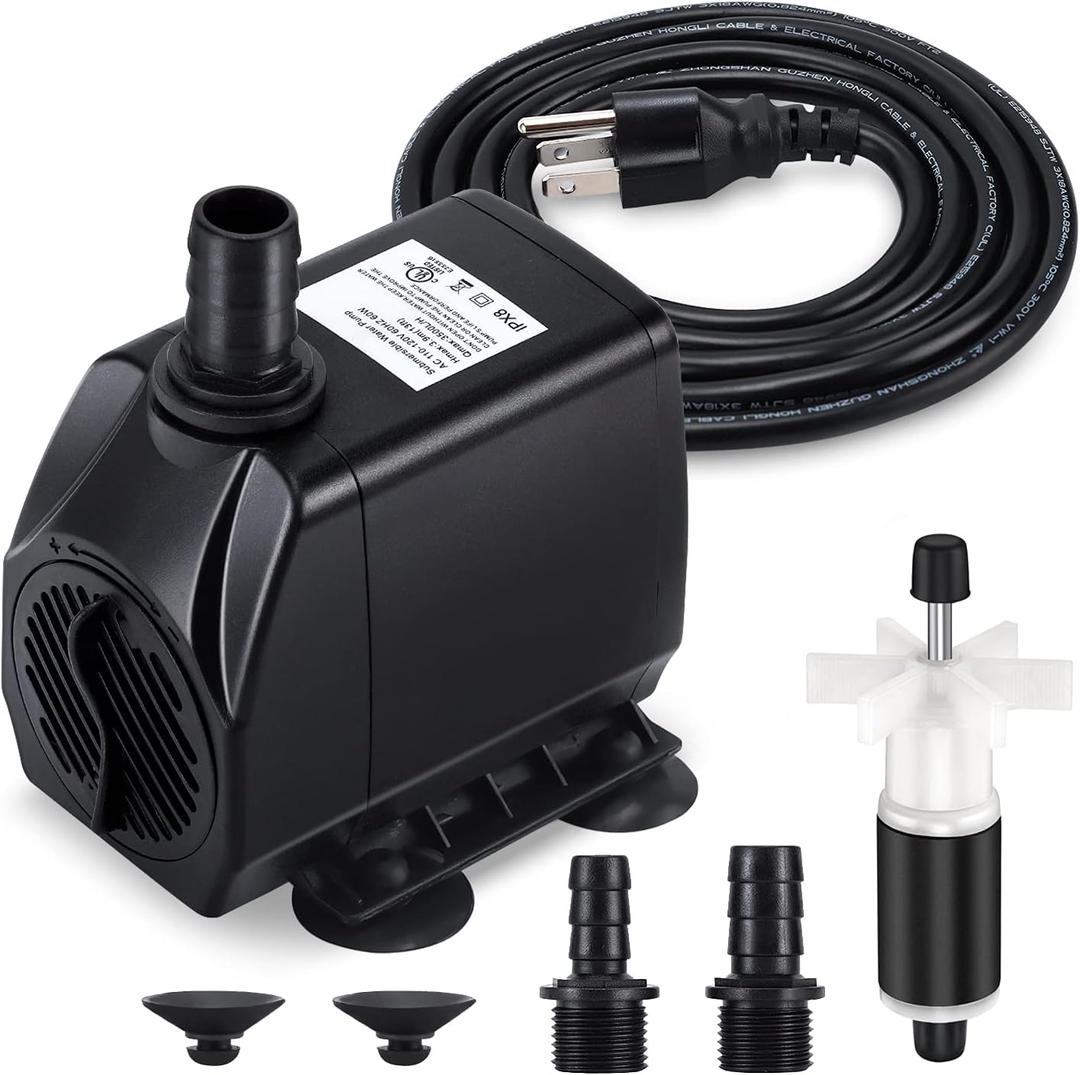 CWKJ Fountain Pump, 880GPH Submersible Water Pump, Durable 60W Outdoor Fountain Water Pump with Replacement Rotor Impeller, 3 Nozzles for Aquarium, Pond, Fish Tank, Water Pump Hydroponics, Fountain