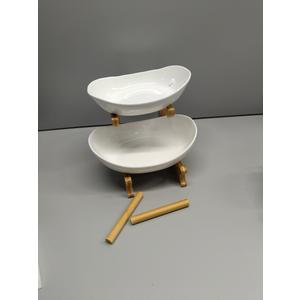 2 Tier Ceramic Fruit Bowl With Bamboo Wood Stand for Kitchen Counter,Porcelain Fruit Basket for Vegetable Storage,Snack Dessert Cake Tray Plate Rack for Party Wedding - White
