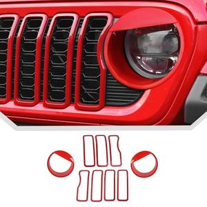 JeCar 9pcs Red Headlight Covers & Grill Inserts Trim Kit for 2024 2025+ Jeep Wrangler JL JLU Gladiator JT