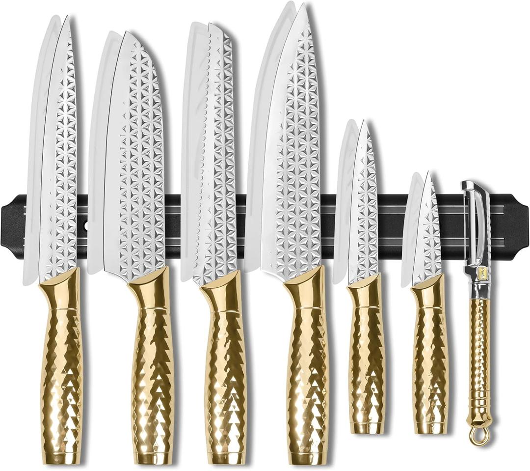 Kitchen Knife Set 14 Pcs with Magnet Holder, Strong Magnetic Knife Strip for Wall, Knives Block Set with Sheath, Chef Knives and Santoku Knives, Stainless Steel Blade, Dishwasher Safe -Gold