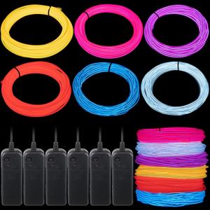 Meonum 6 Pack 16 FT EL Wire Neon Wire Light Wearable, LED Lights 360 DIY Cuttable Glowing Rope Light Battery Operated Neon Glowing String for Burning Man Halloween Costume Decoration (Bright Color)