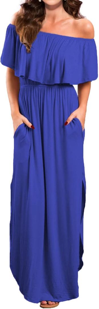 VERABENDI Women's Off Shoulder Summer Casual Long Ruffle Beach Maxi Dress with Pockets (Royal Blue)