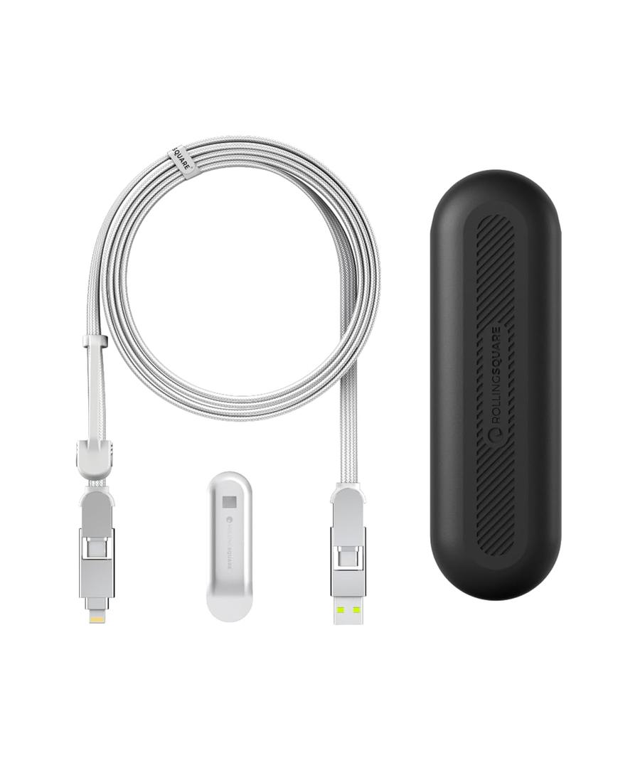 Rolling Square inCharge XL 200 cm - USB-C Cable, Universal Smartphone Cable, Gift for Men, 6-in-1 Universal Charger for Smartphones, Technical Gadget, White, Lightning Cable 100W