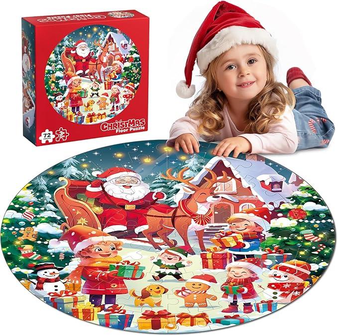 72 Pieces Shimmery Jumbo Christmas Floor Puzzle for Girls 35 46 Age Floor Puzzles for Boys and Girls Large Round Floor Jigsaw Puzzles (Christmas)