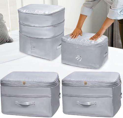 SUNOHE Ultra Space Saving Self Compression Organizers, 2 Pack Double Zipper Compression Packing Cubes for Bedding, Comforter Storage Bag for Blankets Duvet Quilts Pillows Queen King (Gray, X-Large)