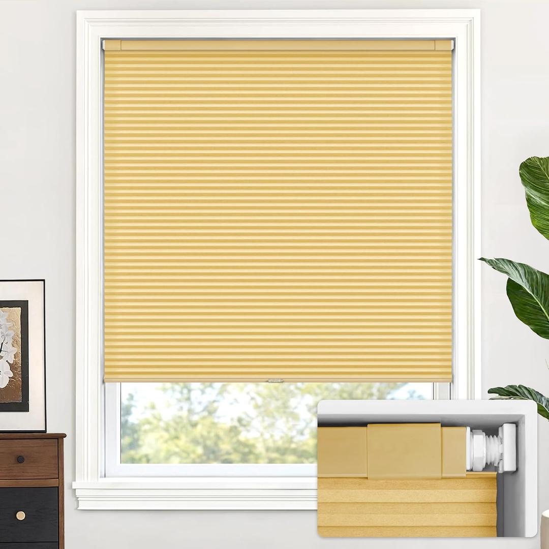 LazBlinds Cordless Cellular Shades, No Tools No Drill Light Filtering Honeycomb Shades Pleated Blinds for Windows, 20'' W x 64'' H, Yellowish-Brown