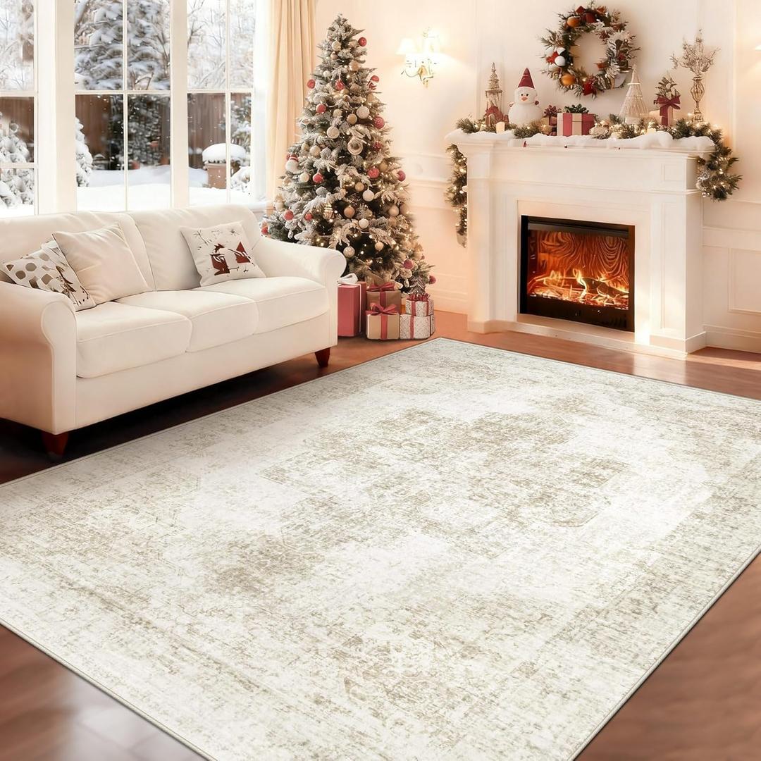 5x7 Area Rugs for Living Room, Washable Vintage Boho Medallion Rug Soft Non Slip Large Area Rug Stain Resistant Indoor Retro Carpet for Bedroom Nursery Kids Dining Room Home Office(Beige, 5'x7')