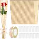 tchrules 100PCS Single Flower Bags for Bouquets, Champagne Single Rose Sleeves with Flower Water Tubes and Ribbons, Plastic Floral Wrapping Bags for Valentine's Day Mother's Day Graduation Wedding