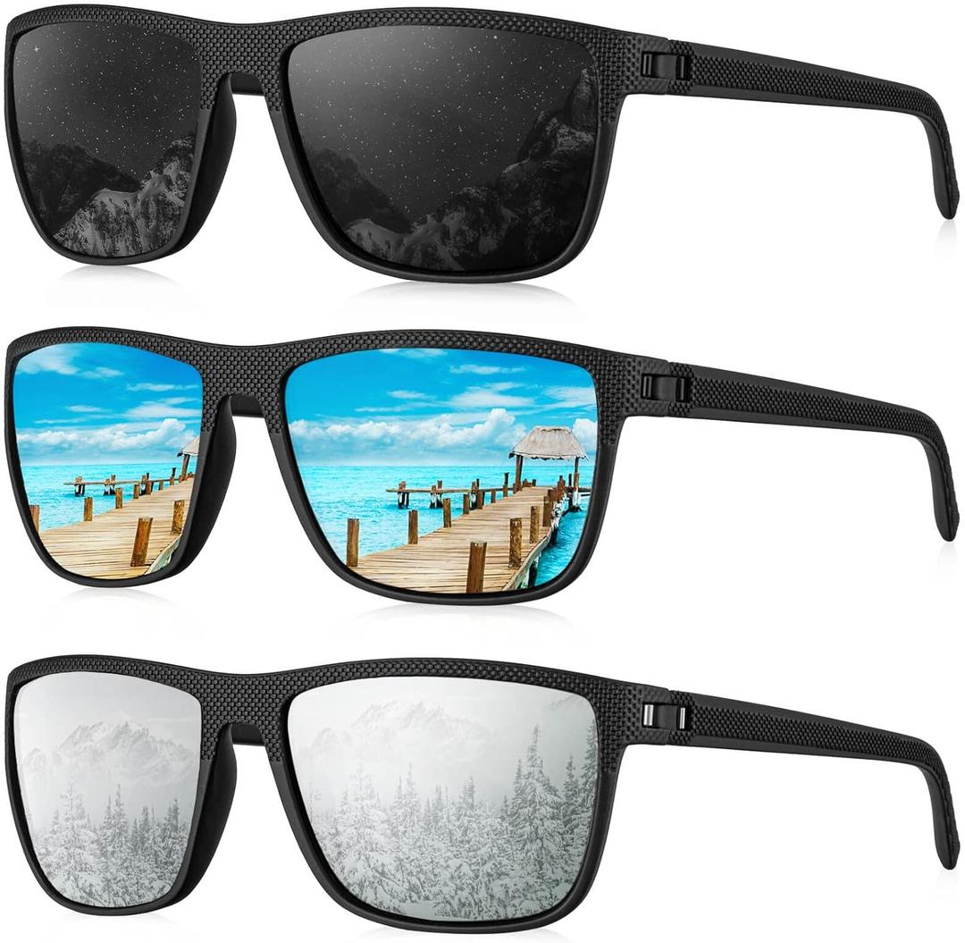KALIYADI Polarized Sunglasses for Men, Lightweight Sun Glasses with UV Protection for Driving Fishing Golf ((3 Pack) Black/Ice Blue/Silvery)