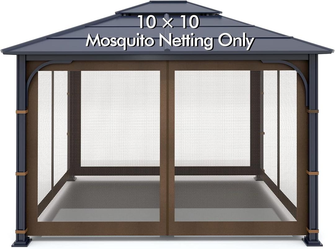 Wonwon Gazebo Universal Replacement Mosquito Netting Outdoor Gazebo Canopy 4-Panel Screen Walls with Zipper for 10' x 10' Gazebo (Mosquito Net Only) (Brown)