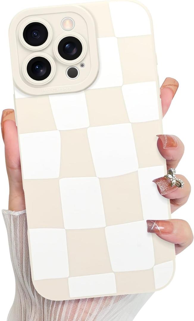 KANGHAR Compatible with iPhone 16 Pro Case, Silicone Checkered Cute Pattern, Camera Protection Soft Slim Phone Cover for Girls Women -White