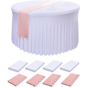 Outpain 8 Packs Spandex 60in White Round Table Cloth with Rose Gold Table Runner,120inch Round Tablecloths with Runner for Wedding, Wrinkle Free and Thick Polyester Table Cloth for Party