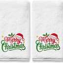 Christmas Hand Towels for Bathroom Set of 2, Red Hat Bathroom Decor Embroidered Merry Christmas Pattern, Winter Green Dish Towels Xmas, 100% Cotton Soft Towels for Kitchen Bath 14x30 Inches