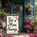 Valentines Day Garden Flag 12x18 Inch Double Sided Burlap Flag Be Mine Always Romantic Floral Heart Buffalo Plaid Outdoor Decor for Yard Patio