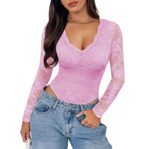 SAUNGKUAI Women's V Neck Lace Bodysuit Long Sleeve Bodysuits Double Lined Going Out Tops Y2K Trendy Thong Outfits (XL, Pink)