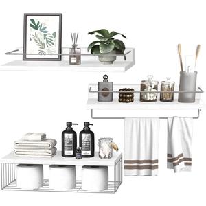 PopiShelves 22.5 inches Bathroom Shelves Over Toilet for Wall, Floating Shelves with Storage Basket Paper Holer for Kitchen Living Room, Bedroom & Classroom, Set of 3 (White and Grey)