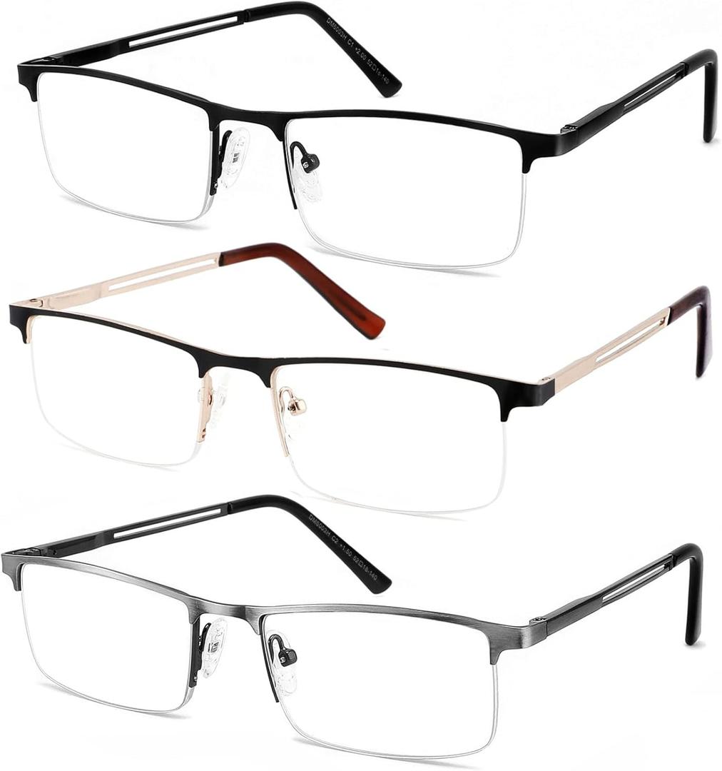 JJWELL 3 Pack Mens Reading Glasses Blue Light Blocking, Metal Rectangle Semi Rimless Readers for Men, Anti Eyestrain/Computer Glare/UV, Half Frame Spring Hinge Eyeglasses with Pouches(3.25) (Black Gunmetal Gold)