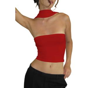 Women's Sexy Halter Tube Tank Crop Tops Strapless Slim Fitted Y2k Bandeau Top Off Shoulder Basic Cami Shirts Red L