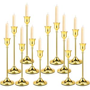 Brass Gold Candle Holders Set of 12, Metal Taper Candlestick Holders in 3 Heights - Vintage Candle Stick Holder Brass Decor - Candle Holder Centerpieces for Wedding Table Home Christmas Decoration