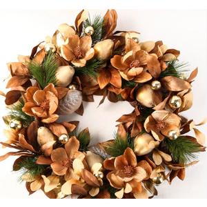 BINFEN 24" Winter Wreaths for Front Door, Gold-Brown Leaves Balls Pears Magnolia Flowers Christmas Wreath, Door Reef for Windows Fireplaces Walls, Front Porch Indoor and Outdoor Decor