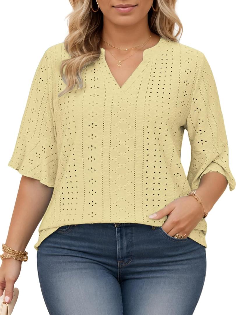 VISLILY Plus-Size-Tops-for-Women Dressy V Neck 3/4 Length Ruffle Sleeve T Shirts Trendy Eyelet Blouses Casual Loose Fit Tunic 4XL Yellow