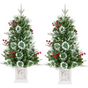 Pack of 2 Small 3FT Pre-Lit Snow Flocked Christmas Tree with Twinkling Lights for Home Office Christmas Decor- Battery Operated & Timer (Snowflake Base)
