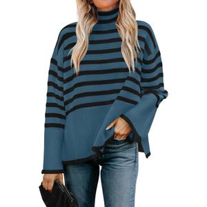 ZESICA Women's Winter Sweaters Casual Turtleneck Long Sleeve Striped Side Slit Loose Pullover Sweater Jumper Tops (M)