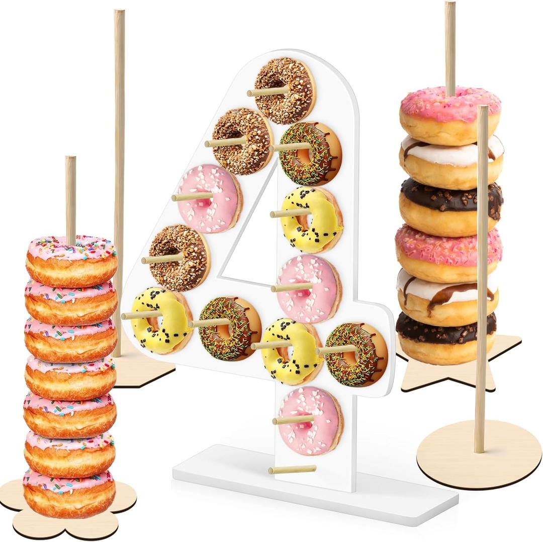 5 Pcs Donut Stand Set, Doughnut Party Supplies Include 1 Pc Digit Donut Wall Display Stand, 4 Pcs Doughnut Wall, for Birthday Wedding Party (White number 4)