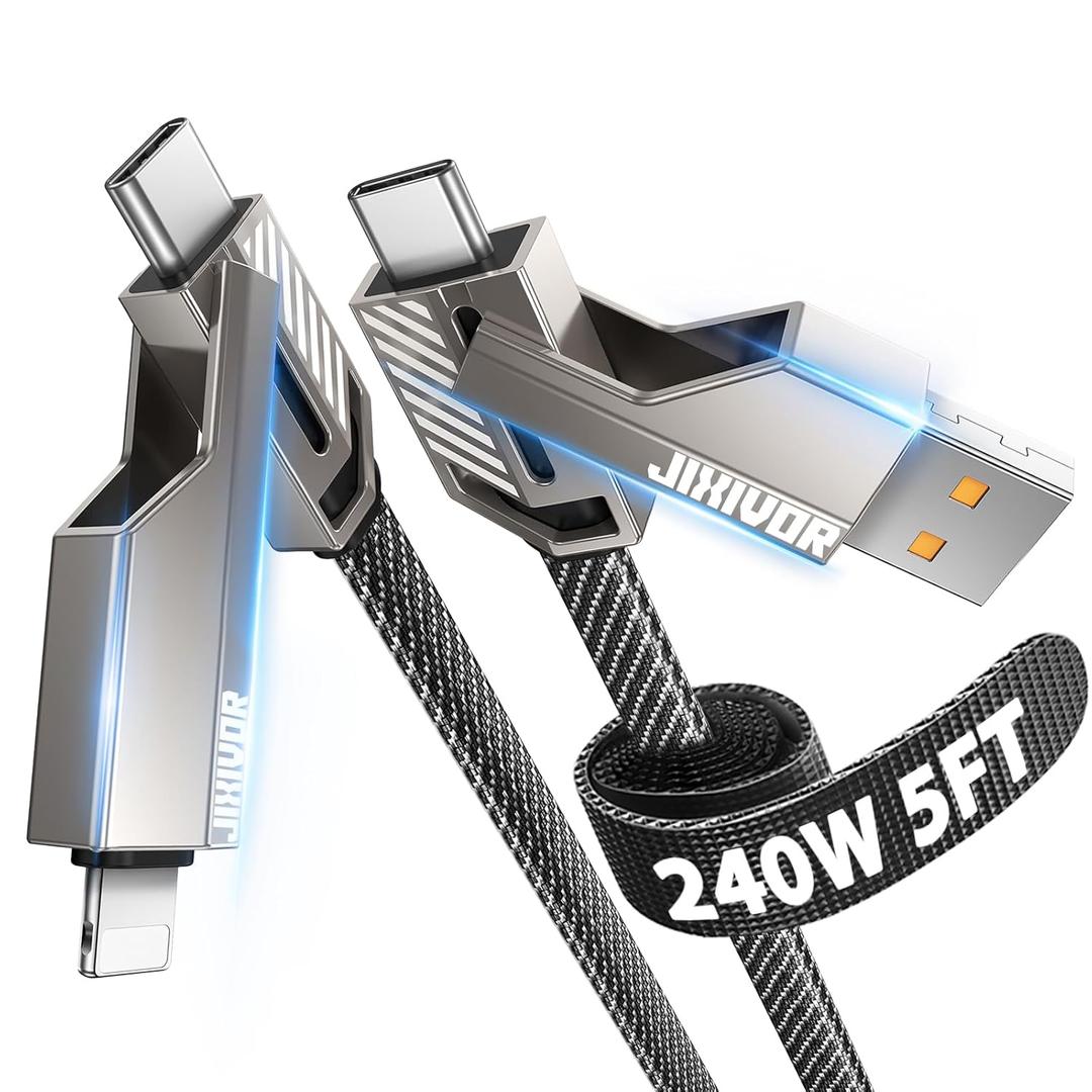 [One is Enough] 4-in-1 Compatible with USB C to Lightning Cable, 240W High-Speed Charging & Fast Data Transfer,CarPlay & Android Auto Support Multi Charger Cord Combo for iPhone/Samsung/iPad,5FT