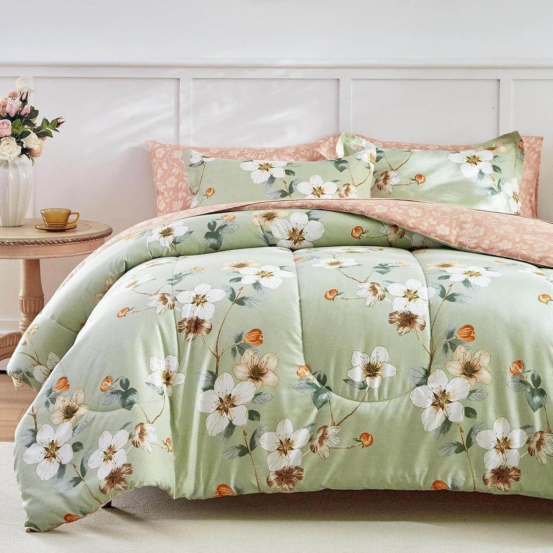 AIKASY 6 Piece Floral Comforter Set Twin Size - Soft Microfiber Bed in a Bag with Sheet Set for All Seasons - Green Flower Botanical Design - Reversible Bedding Set