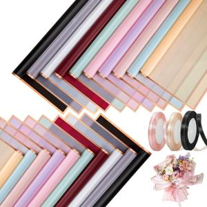 100 Sheets Flower Wrapping Paper with Pure Color Flower Bouquet Wrapping Paper for Waterproof DIY Crafts Packaging, 22.8x22.8 inch (10 Colors) with 3 Ribbons