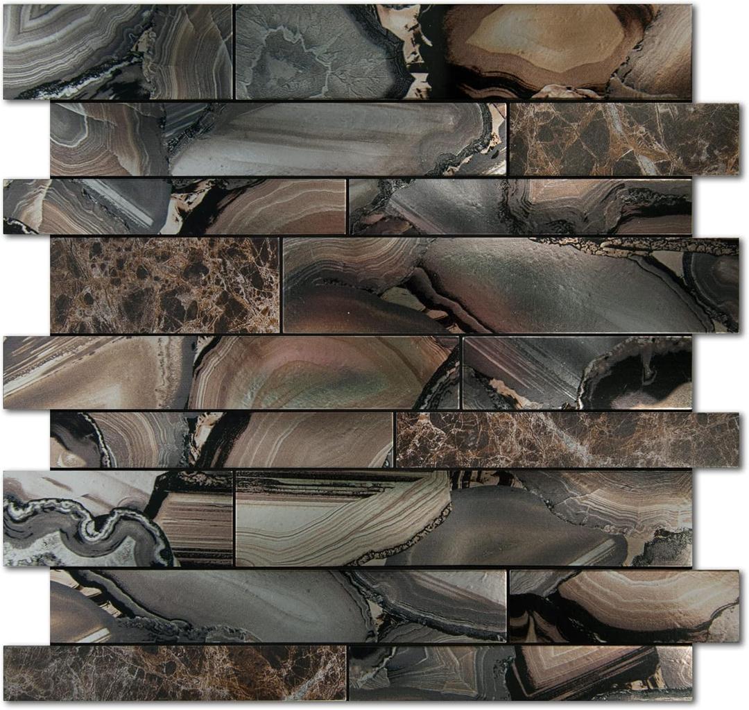 KASARO Peel and Stick Backsplash PVC Tile for Kitchen, 10-Piece Agate Decorative Self-Adhesive Mosaic Wall Tile Stickers for Stove, Vanity, Fireplace, Brown (10 pieces)