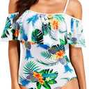 Tempt Me Off Shoulder One Piece Swimsuit for Women Ruffled Sleeves Retro Bathing Suits (Large)