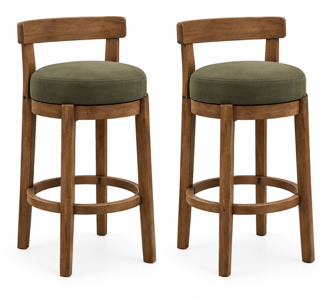 Merax Bar Stools Set of 2, Mid Century Upholstered Barstools in Rubber Wood Frame with Low Back, 26.3" Seat Height Counter Stools with Ring Footrest for Dining Room, Dark Walnut+ Green