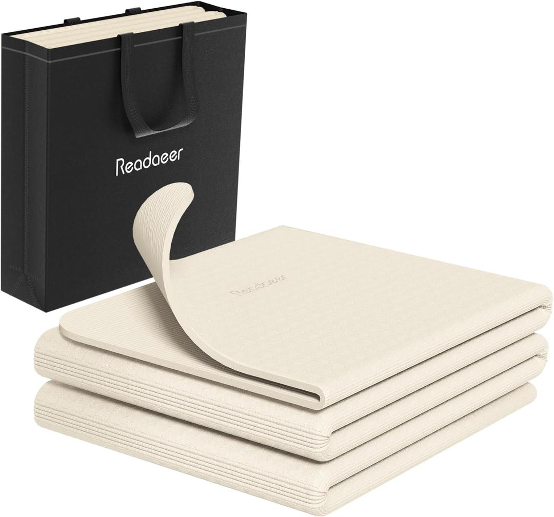 Readaeer Foldable Yoga Mat for Travel Folding Yoga Mat 6mm Thick with Carrying Bag, Non-Slip TPE Exercise Pilates Mat for 72" L x 24" W x 0.24 Inch (Beige)
