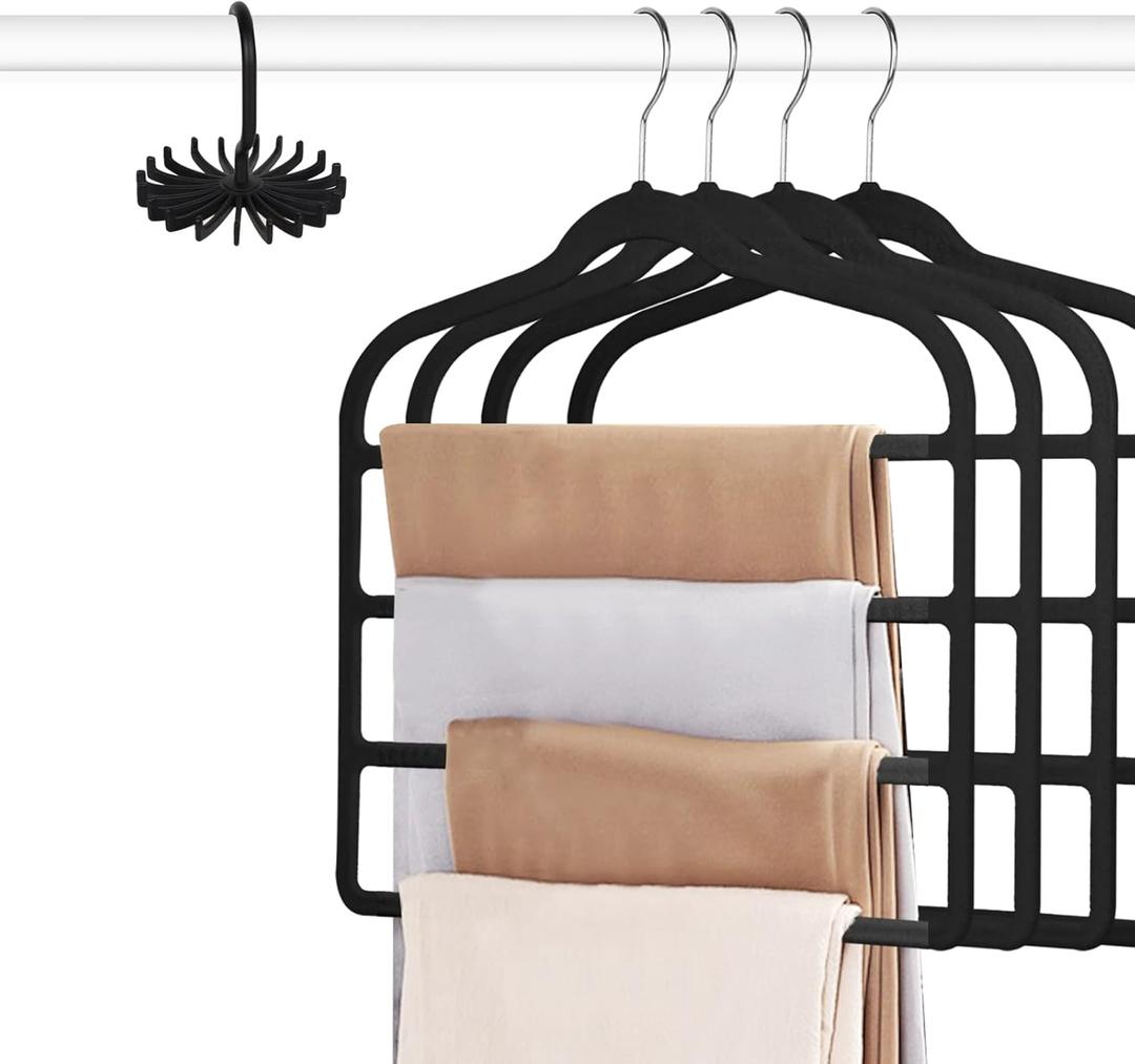 Tinfol Velvet Pants Hanger Space Saving, 4pc Black Non-Silp Velvet Hangers with Hook, Multi Tier Ultra Thin Trousers Hangers, Closet Clothes Hanger Organizer Storage for Trousers, Scarves, Jeans
