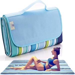 Beach Blanket Extra Large Picnic Blankets Sandproof Waterproof Outdoor Indoor Blanket Lightweight Handy Mat Portable Beach Mat for Camping Hiking Travel Park Grass (Blue Line)