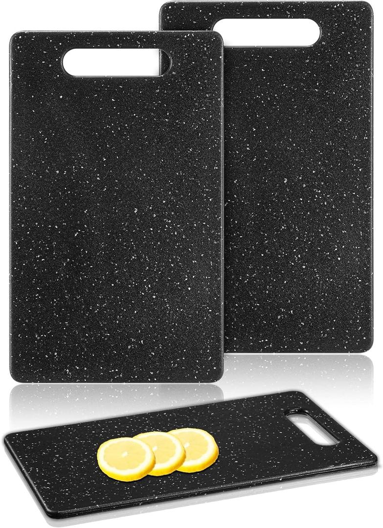 Lounsweer 2 Pcs Small Cutting Board for Kitchen Mini Plastic Cutting Board Set Bar Dishwasher Safe Granite Color Food for Camping Food Fruits Prep Vegetables Easy Grip(6" x 10",Black)