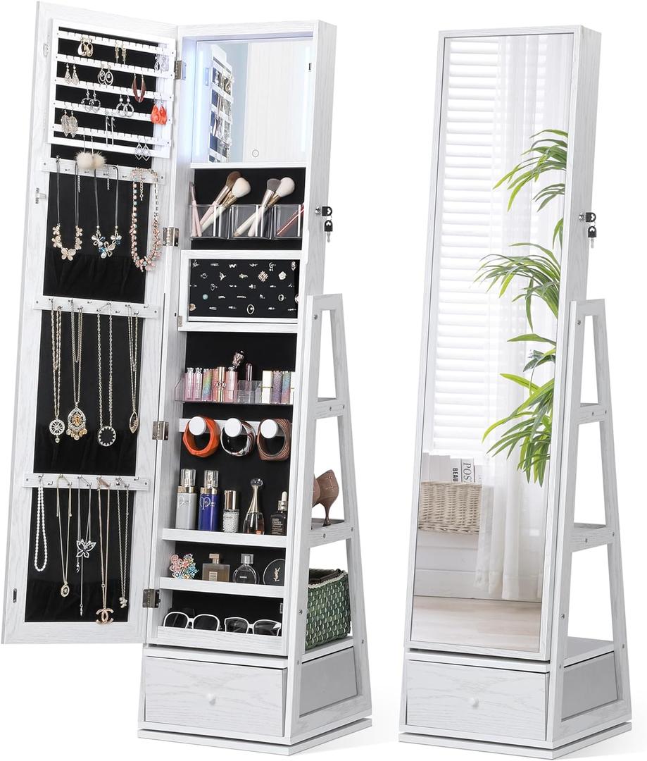 Nicetree 360 Swivel Jewelry Cabinet with Lights, Touch Screen Vanity Mirror, Rotatable Full Length Mirror with Jewelry Storage, Standing Jewelry Armoire Organizer, Foldable Makeup Shelf, White