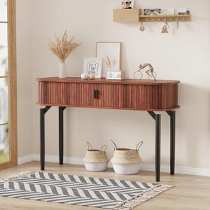 GarveeHome Fluted Console Table with Storage, Wood Sofa Table with Sliding Door, Entryway Table with Storage Space for Living Room, Couch, Hallway, Foyer, Walnut