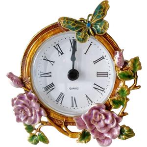Vintage Mini Analog Table Clock, Silent Small Table Clock with Hand-Painted Metal Body and Battery Operated Non-Ticking Core for Shelf, Bedroom, Bedside, Desk, Gift (Purple Rose)