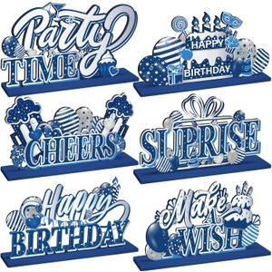 Hoolerry 6 Pcs Happy Birthday Party Decorations Table Decor Birthday Table Topper Centerpieces Set Blue and Silver Wooden Centerpieces for Living Room Kitchen Party Supplies