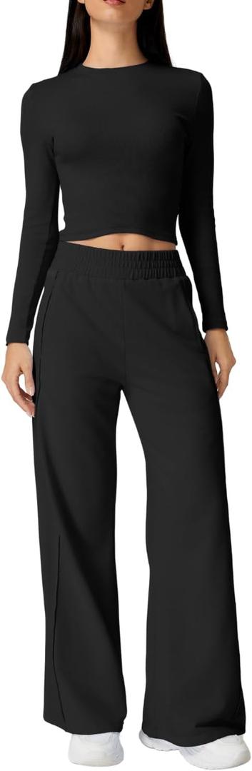 QINSEN Womens 2 Piece Sets Long Sleeve Slim Fit Crop Tops Wide Leg Pants Matching Lounge Set, Black, Small
